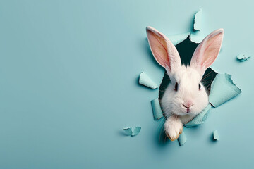 Cute White Rabbit Popping Through Blue Paper Hole. Generative ai