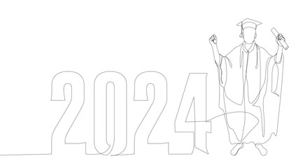 One continuous line of university student graduation with number 2024. Thin Line Illustration vector concept. Contour Drawing Creative ideas.