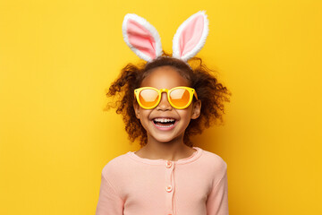 Happy Child with Bunny Ears and Sunglasses on Yellow Background. Generative ai