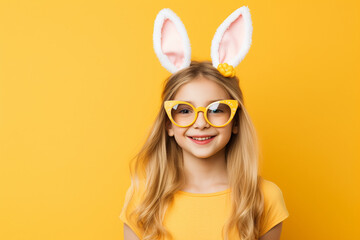 Happy Child in Bunny Ears and Sunglasses on Yellow Background. Generative ai