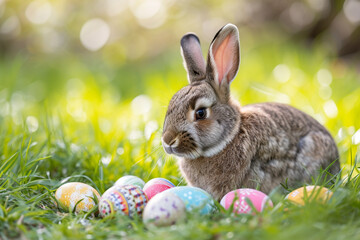 Fototapeta na wymiar Adorable rabbit with painted Easter eggs on a sunny day. Generative AI.