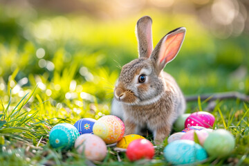 Fototapeta na wymiar Adorable rabbit surrounded by painted Easter eggs outdoors.. Generative AI.