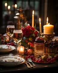 Obraz na płótnie Canvas Festive table setting with flowers and candles. Selective focus.