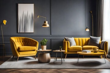 Real photo of a yellow chair and gray couch with pillows in a modern living room interior