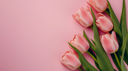 Pink Tulips on soft pink background, Copy space, Top view. flat lay style.