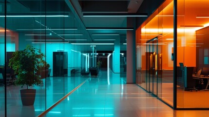 Lobby of an office building, at night, teal and orange color grade