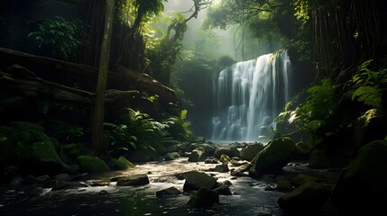 Panorama of a waterfall in a tropical rainforest. Long exposure