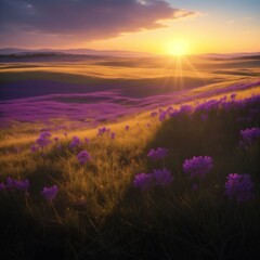 beautiful grasslands, with purple colored flowers here and there. with the sun shining during golden hours for a magical