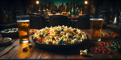 Popcorns on wooden table