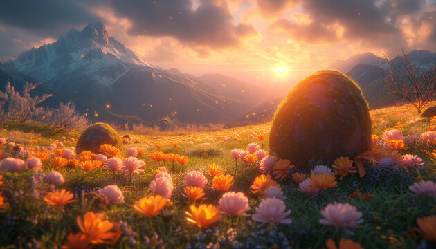 Painted Easter eggs scattered across a colorful mountain meadow in bloom, under a clear blue sky.