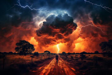 fresh and pure human with lightning storm displays powerful bolts, a dramatic sky, and evokes a feeling of awe and reverence for raw power of nature