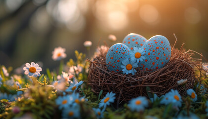 Fototapeta na wymiar Colorful Easter eggs in vibrant spring among flowers placed on a moss covered forest floor, with daisies and soft light.