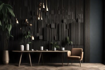 Modern interior design mock up with dark walls and vertical slats panel, 3D Render, 3D Illustration