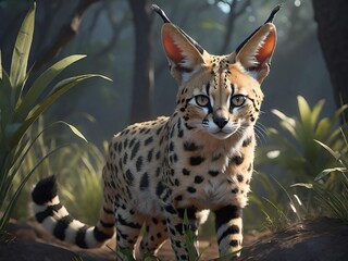 Naklejka premium Serval cat in its natural habitat. Generative AI.