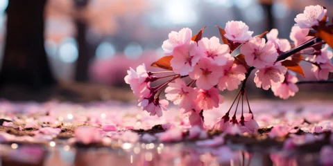 Gordijnen Twigs of pink cherry blossoms in daylight © arte ador