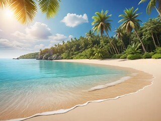 Tropical beach with clear blue waters, golden sands, and lush green palm trees under a bright sky. Generative AI.
