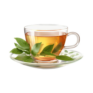 A cup of tea with leaves on a saucer on transparent background.