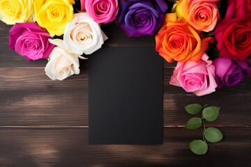 Blank black paper greeting card with colorful rainbow roses flower on dark wooden background. Valentine's day-wedding. Mockup presentation. advertisement. invite. copy text space.