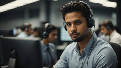 Man at computer, call center and headset with contact us, communication and CRM with tech support. Customer service, help desk and telemarketing with serious male consultant and professional service - obrazy, fototapety, plakaty