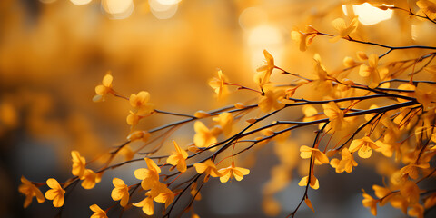 Twigs of yellow Forsythia in daylight