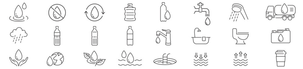 Water, Plastic Bottle, Mineral water, Real estate, Shower, Editable stroke liner icon set collection vector illustration