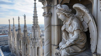 Obraz premium From the edge of a rooftop an intricately carved stone angel watches over the Gothic cathedral below its wings stretched wide in protection.