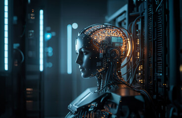 3d rendering humanoid robot in data center or server room with circuit board .
