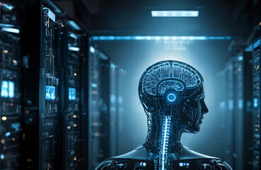3d rendering humanoid robot in data center or server room with circuit board .