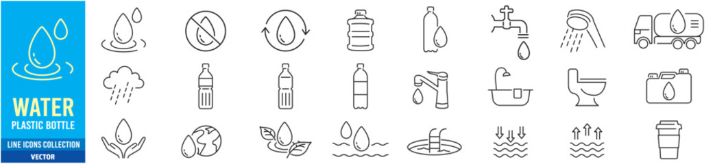 Water, Plastic Bottle, Mineral water, Real estate, Shower, Editable stroke liner icon set collection vector illustration