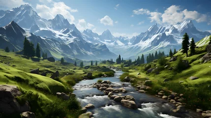 Wandcirkels aluminium Panoramic view of mountains and river in the valley, Caucasus, Russia © Iman