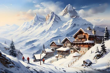 Fototapeten panoramic view of alpine village in winter, swiss alps © Iman
