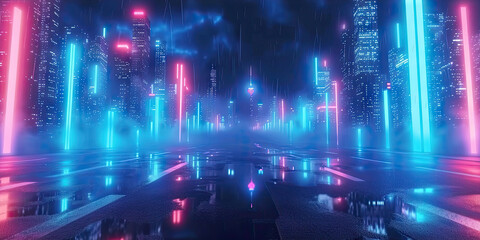 3d modern buildings in capital city with neon  light reflection from puddles on street. Concept for night life, never sleep business district center , night cyberpunk city - obrazy, fototapety, plakaty