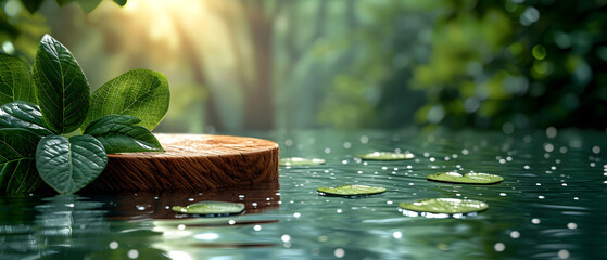 a wooden podium with some leaves isolate on blurred background, watery surface. Tropical summer scene for product display. copy space, mock up. view from side.