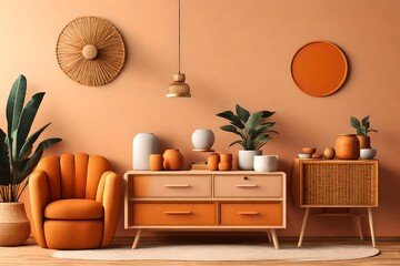 Orange boho style interior with armchair, dresser and decor. 3d render illustration mockup. - obrazy, fototapety, plakaty