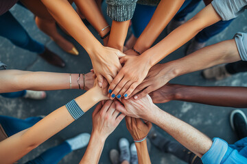 A top view of a group of friends stacking their hands together, Community of people stacking hands together - Multiracial people putting their hands on top of each other  - obrazy, fototapety, plakaty