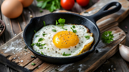 Tasty sunny side up egg on the pan, ready to serve for breakfast, view from above. copy space concept. - obrazy, fototapety, plakaty