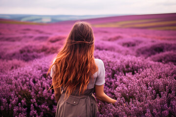 breathtaking woman standing amidst a stunning lavender field, surrounded by the colorful and...