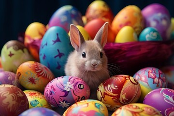 Fototapeta na wymiar Rabbit bunny and colourful eggs on background. Easter day. presentation. advertisement. invitation. copy text space.