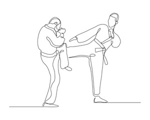 Continuous single line sketch drawing of young two man confident karateka in kimono practicing fight karate combat. One line traditional martial art sport training concept Vector illustration