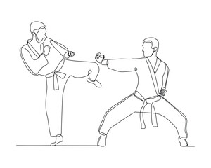 Continuous single line sketch drawing of young two man confident karateka in kimono practicing fight karate combat. One line traditional martial art sport training concept Vector illustration