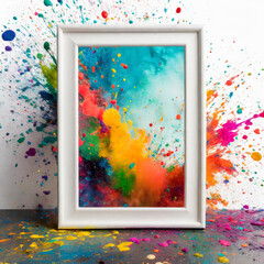 white photo frame mock-up with colorful paint splatters exploding around it