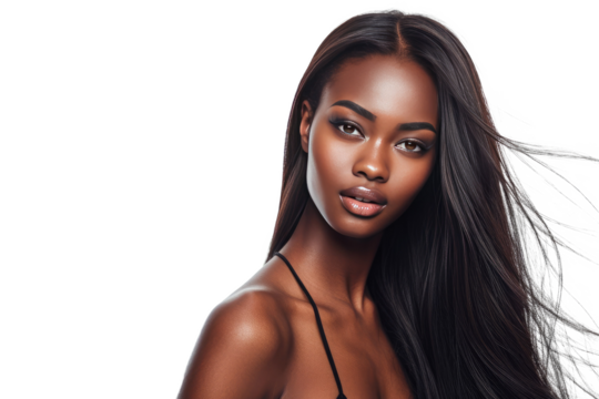 Studio portrait of a beautiful African American woman with clean healthy skin isolated on transparent png background.
