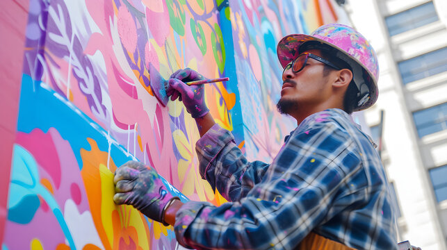 An artist painting a vibrant mural on the side of a building.