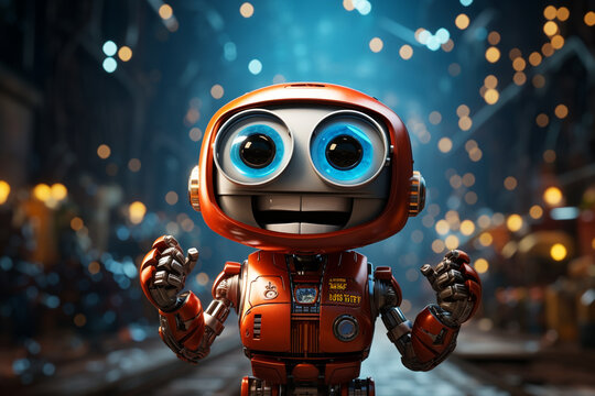 3d rendering cute robot with neon light background, future technology concept