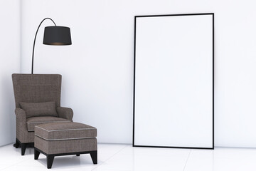 Modern reading room with frame mock up on the wall. Design 3d rendering of black and white images. Design print for illustration, presentation, mock up, interior, cover, display, background. Set 2