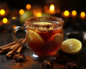 Cup of hot mulled wine on dark wooden table, closeup