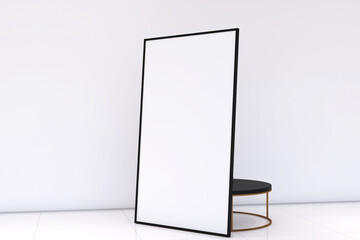 Modern exibition room with frame mock up on the wall. Design 3d rendering of black and white images. Design print for illustration, presentation, mock up, interior, cover, display, background. Set 7