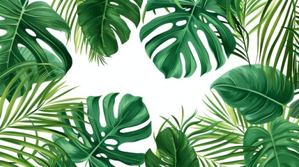 Watercolor Green tropical forest wallpaper of monstera leaves