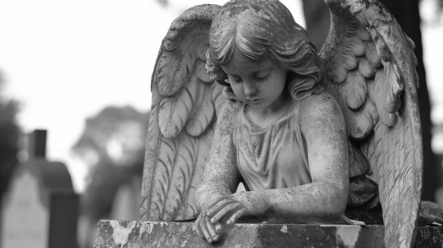 In a forgotten graveyard a young angel sits atop a broken headstone its expression one of sadness and longing for those who have ped.