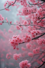 Pink Cherry blossom branch with sakura flower in the mist fog vertical